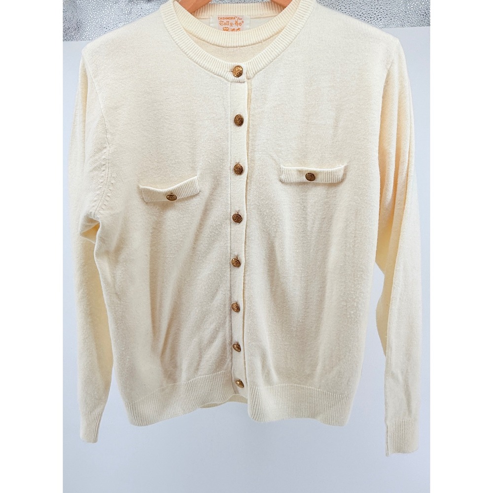 Cashmora for Tally-Ho Cream Twinset Cardigan Shell Set Gold Crest Buttons L